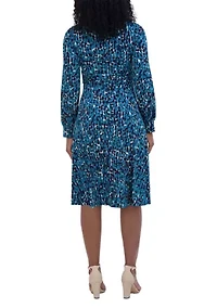 Women's Long Sleeve Round Neck Printed Fit and Flare Dress