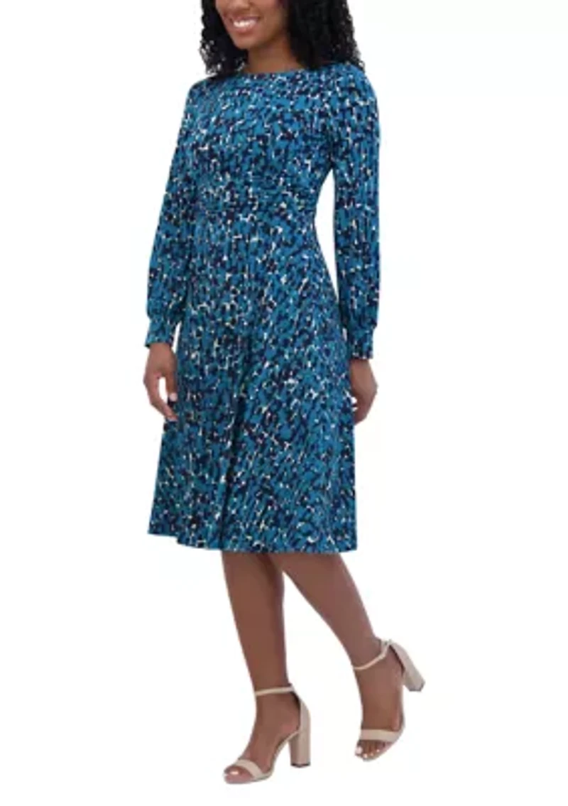 Women's Long Sleeve Round Neck Printed Fit and Flare Dress