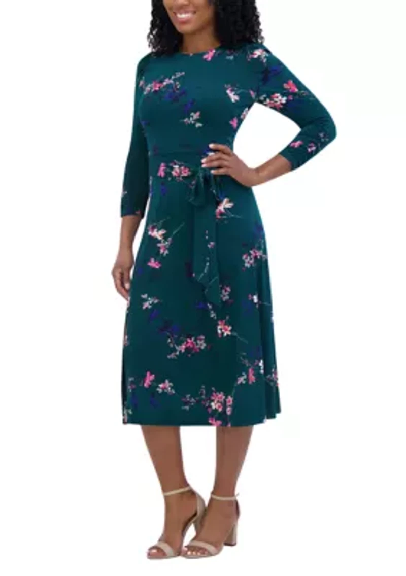 Women's 3/4 Sleeve Crew Neck Floral Print Tie Fit and Flare Dress