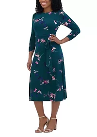 Women's 3/4 Sleeve Crew Neck Floral Print Tie Fit and Flare Dress