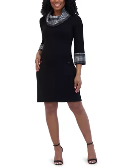 Women's 3/4 Sleeve Cowl Neck Two Tone A-Line Dress