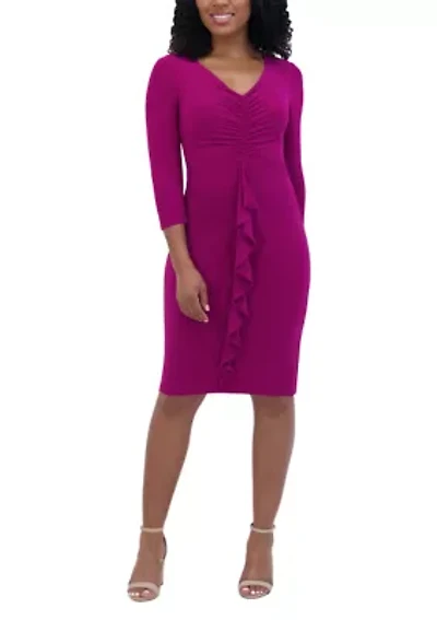 Women's 3/4 Sleeve V-Neck Solid Ruch Sheath Dress
