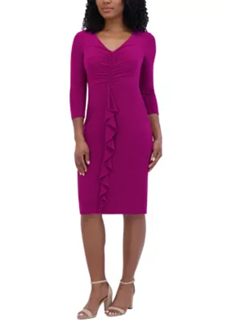Women's 3/4 Sleeve V-Neck Solid Ruch Sheath Dress