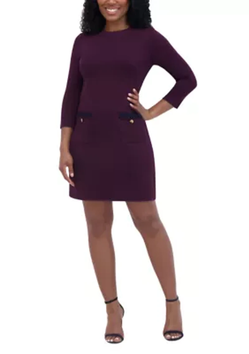 Women's 3/4 Sleeve Crew Neck Solid Pocketed Ponte A-Line Dress