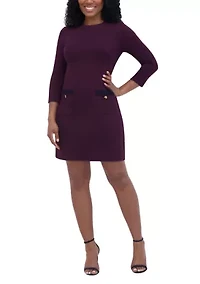Women's 3/4 Sleeve Crew Neck Solid Pocketed Ponte A-Line Dress