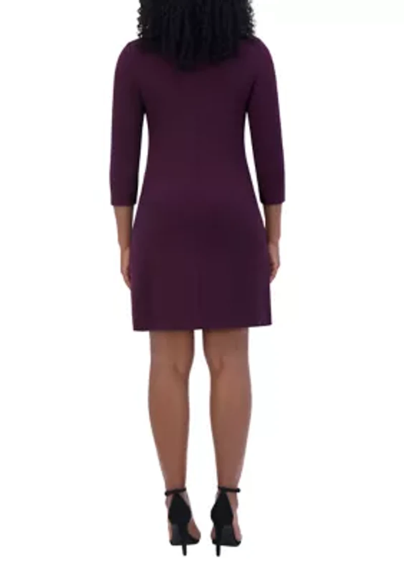 Women's 3/4 Sleeve Crew Neck Solid Pocketed Ponte A-Line Dress