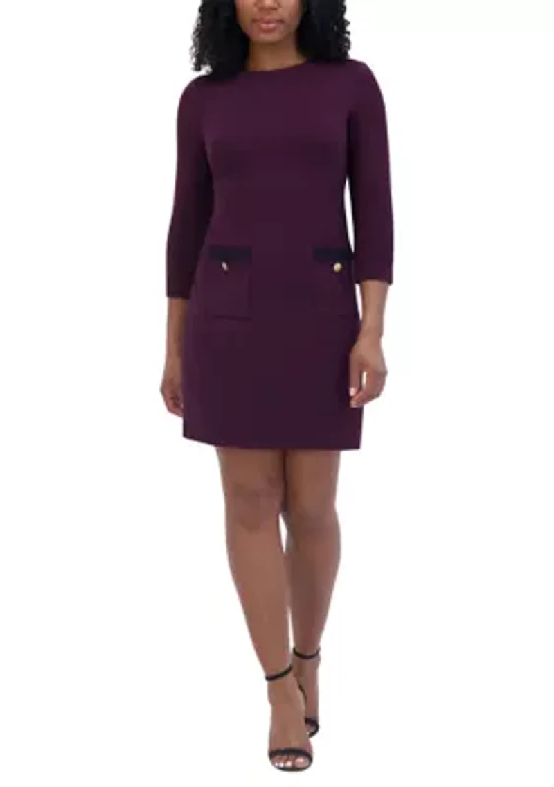 Women's 3/4 Sleeve Crew Neck Solid Pocketed Ponte A-Line Dress