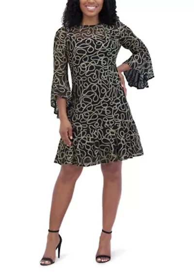 Women's Long Sleeve Floral Printed Embellished Fit and Flare Mini Dress