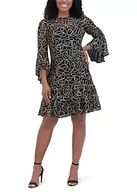Women's Long Sleeve Floral Printed Embellished Fit and Flare Mini Dress