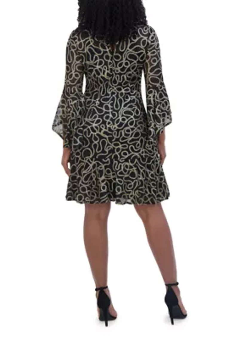 Women's Long Sleeve Floral Printed Embellished Fit and Flare Mini Dress