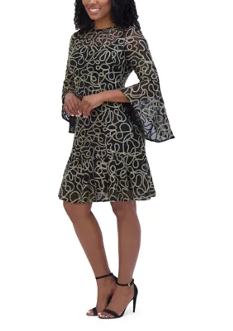Women's Long Sleeve Floral Printed Embellished Fit and Flare Mini Dress