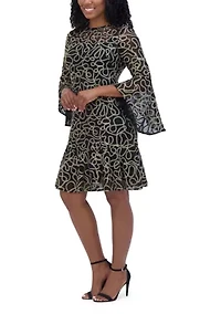 Women's Long Sleeve Floral Printed Embellished Fit and Flare Mini Dress