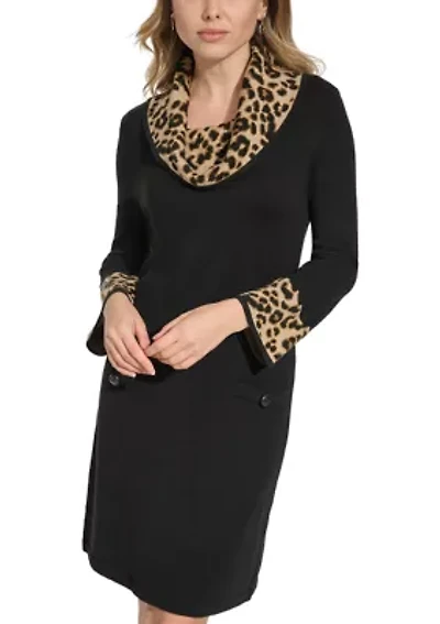 Women's 3/4 Sleeve Cowl Neck Animal Print A-Line Dress