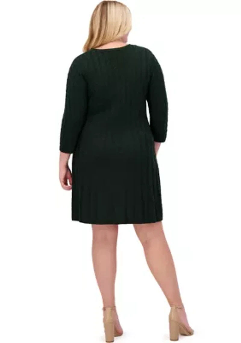 Plus 3/4 Sleeve V-Neck Solid Knit Sweater A-Line Dress