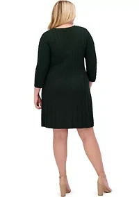Plus 3/4 Sleeve V-Neck Solid Knit Sweater A-Line Dress