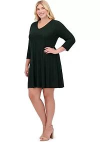Plus 3/4 Sleeve V-Neck Solid Knit Sweater A-Line Dress