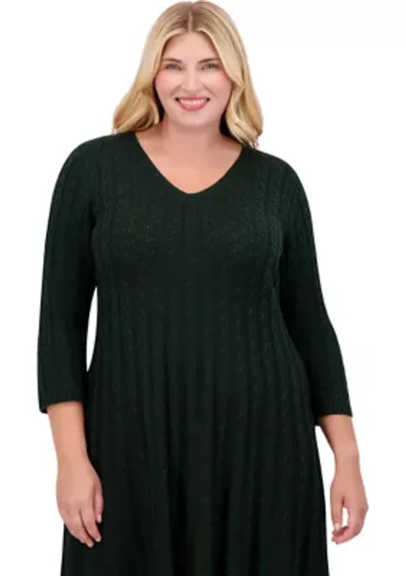 Plus 3/4 Sleeve V-Neck Solid Knit Sweater A-Line Dress