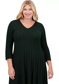 Plus 3/4 Sleeve V-Neck Solid Knit Sweater A-Line Dress