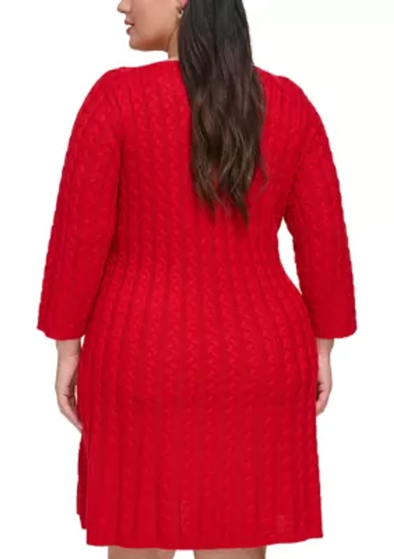 Plus 3/4 Sleeve Solid Knit A-Line Sweater Dress