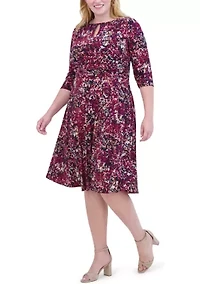 Plus Ruched Sleeve Printed Keyhole Dress