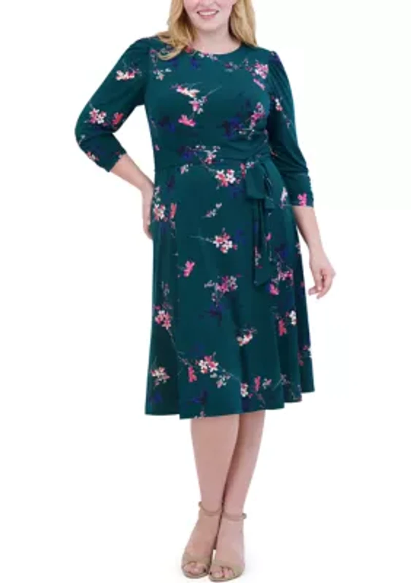 Plus Floral Belted A-Line Dress