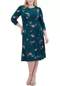 Plus Floral Belted A-Line Dress