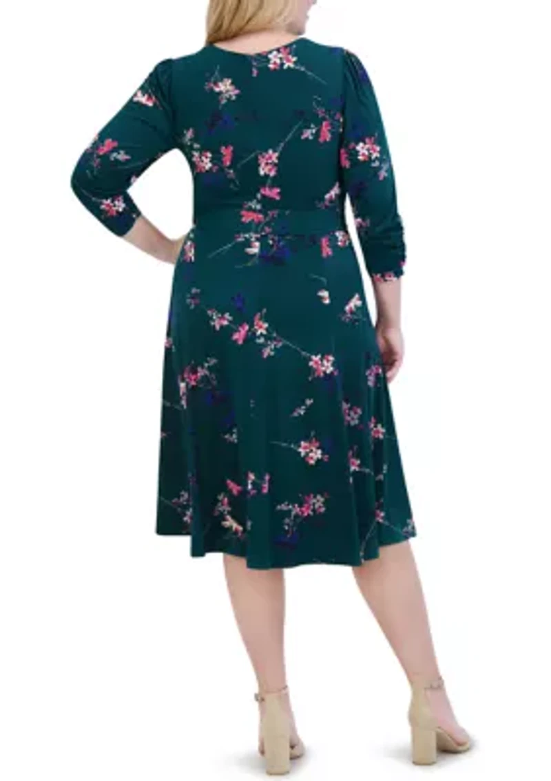 Plus Floral Belted A-Line Dress