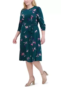 Plus Floral Belted A-Line Dress