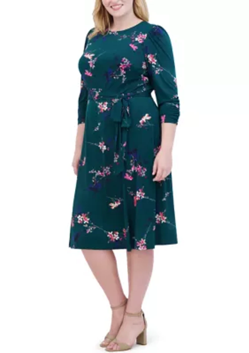 Plus Floral Belted A-Line Dress