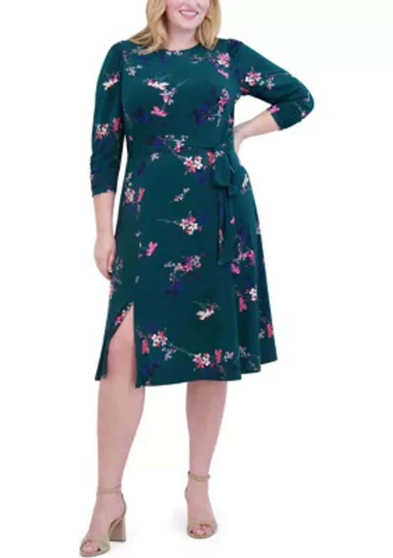 Plus Floral Belted A-Line Dress