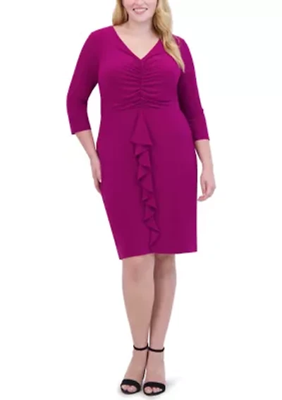 Plus V-Neck Solid Ruched Ruffle Detail Sheath Dress