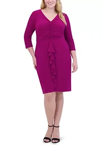 Plus V-Neck Solid Ruched Ruffle Detail Sheath Dress