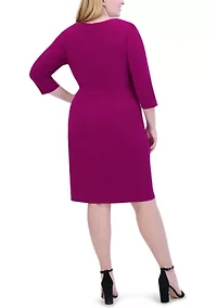 Plus V-Neck Solid Ruched Ruffle Detail Sheath Dress