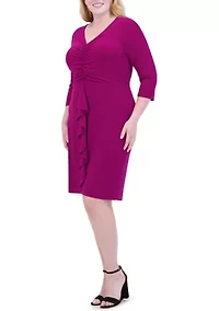 Plus V-Neck Solid Ruched Ruffle Detail Sheath Dress