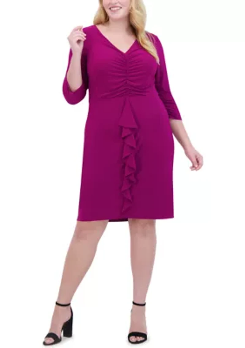 Plus V-Neck Solid Ruched Ruffle Detail Sheath Dress