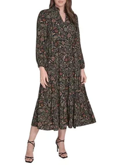 Women's Long Sleeve Mock Neck Floral Print Challis Midi Dress