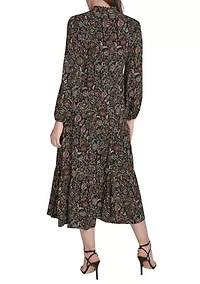 Women's Long Sleeve Mock Neck Floral Print Challis Midi Dress