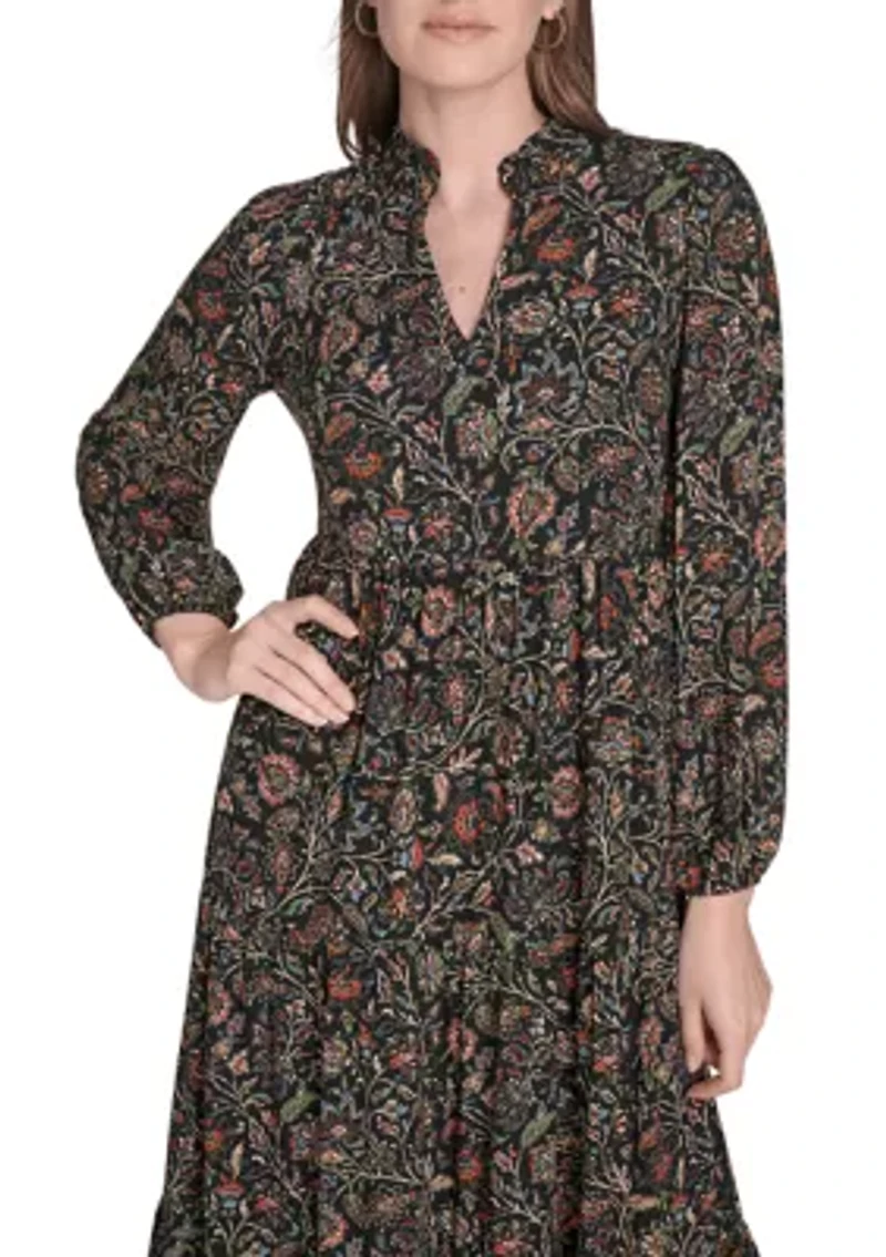 Women's Long Sleeve Mock Neck Floral Print Challis Midi Dress