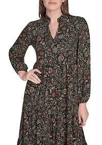 Women's Long Sleeve Mock Neck Floral Print Challis Midi Dress