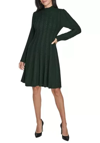 Women's Long Sleeve Mock Neck Solid A-Line Sweater Dress