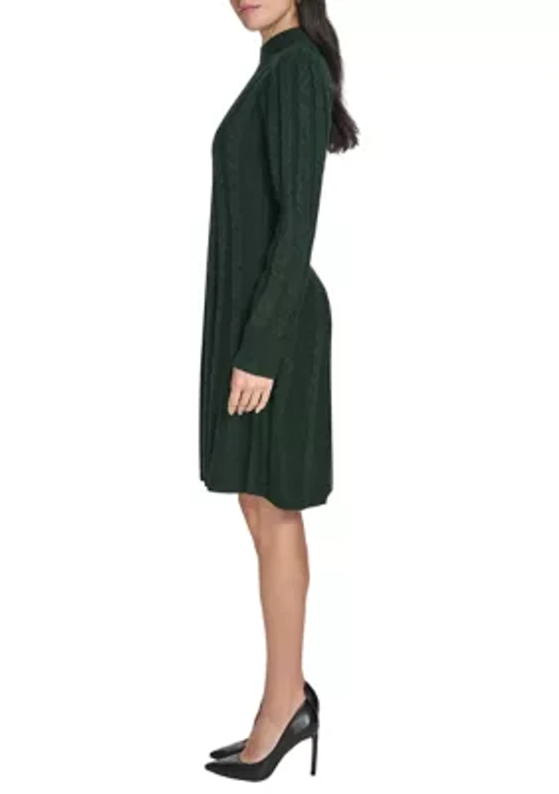 Women's Long Sleeve Mock Neck Solid A-Line Sweater Dress