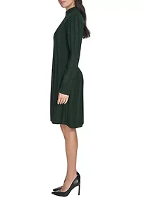 Women's Long Sleeve Mock Neck Solid A-Line Sweater Dress