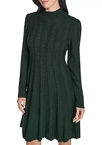 Women's Long Sleeve Mock Neck Solid A-Line Sweater Dress