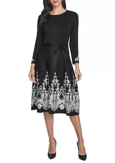 Women's 3/4 Sleeve Border Print A-Line Sweater Dress