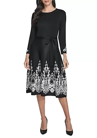Women's 3/4 Sleeve Border Print A-Line Sweater Dress