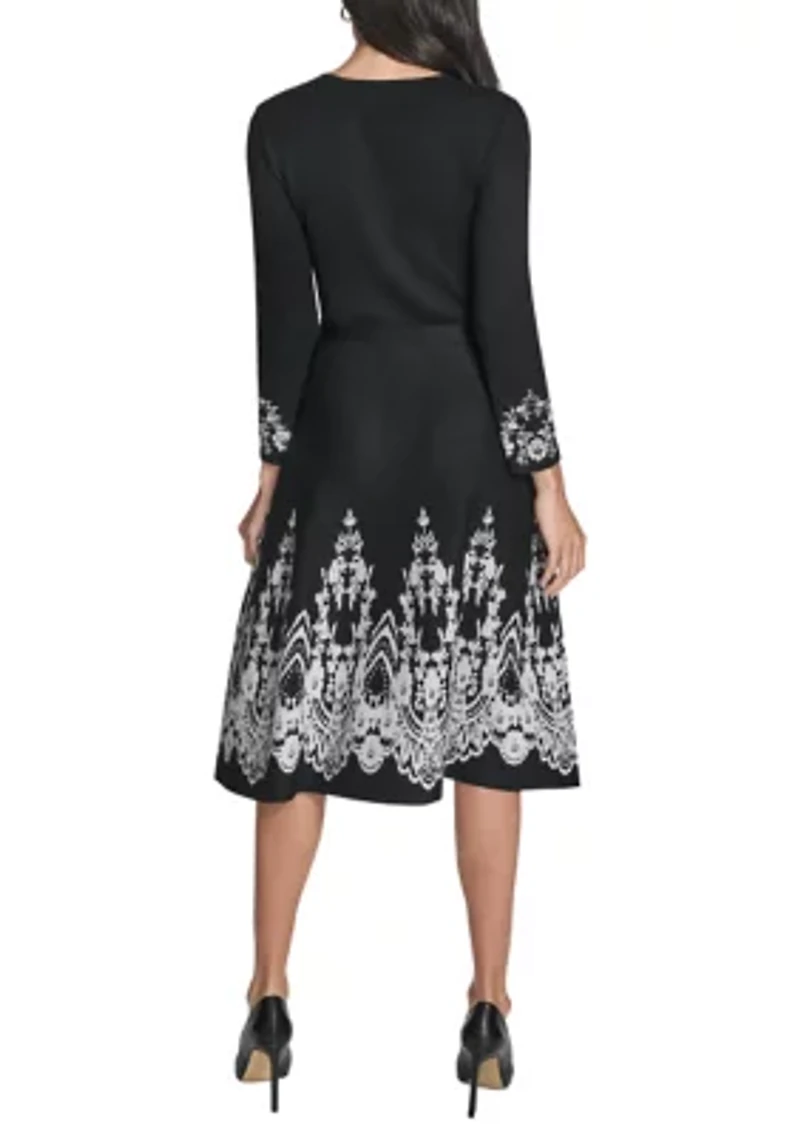 Women's 3/4 Sleeve Border Print A-Line Sweater Dress