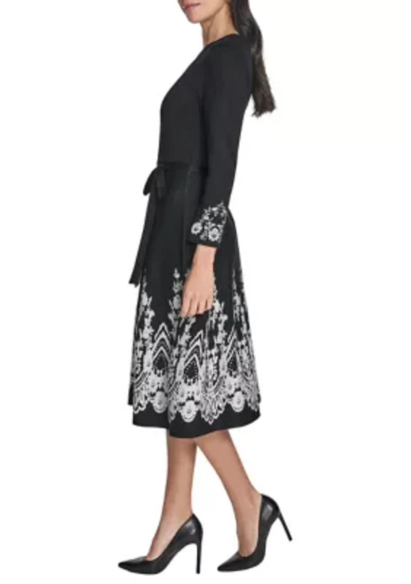 Women's 3/4 Sleeve Border Print A-Line Sweater Dress