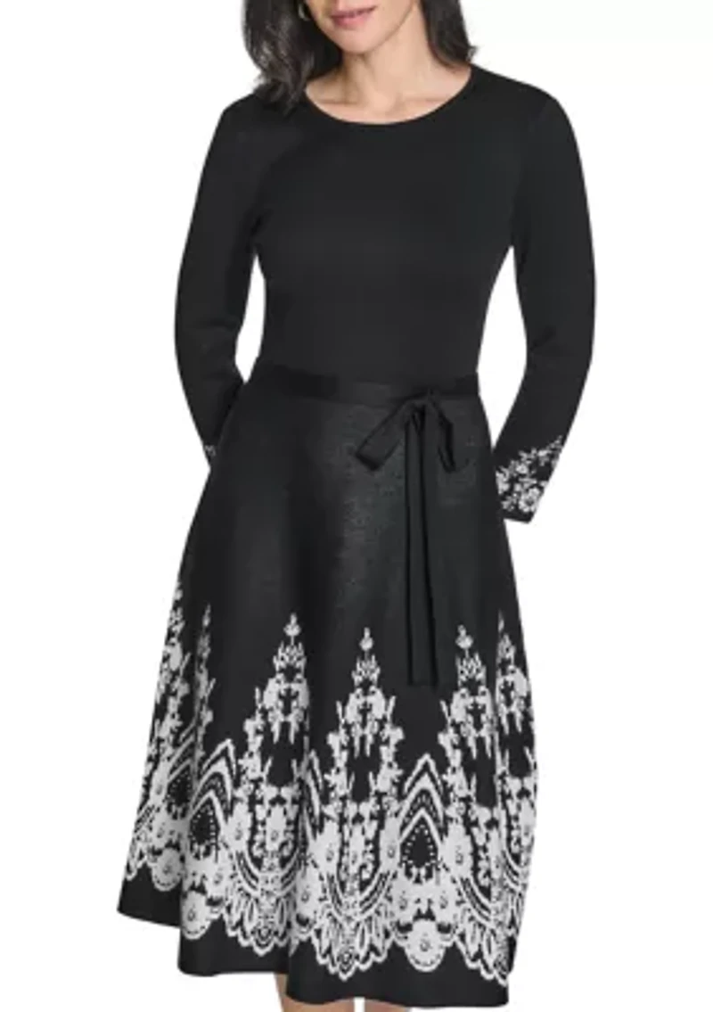 Women's 3/4 Sleeve Border Print A-Line Sweater Dress