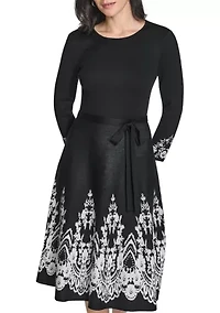 Women's 3/4 Sleeve Border Print A-Line Sweater Dress