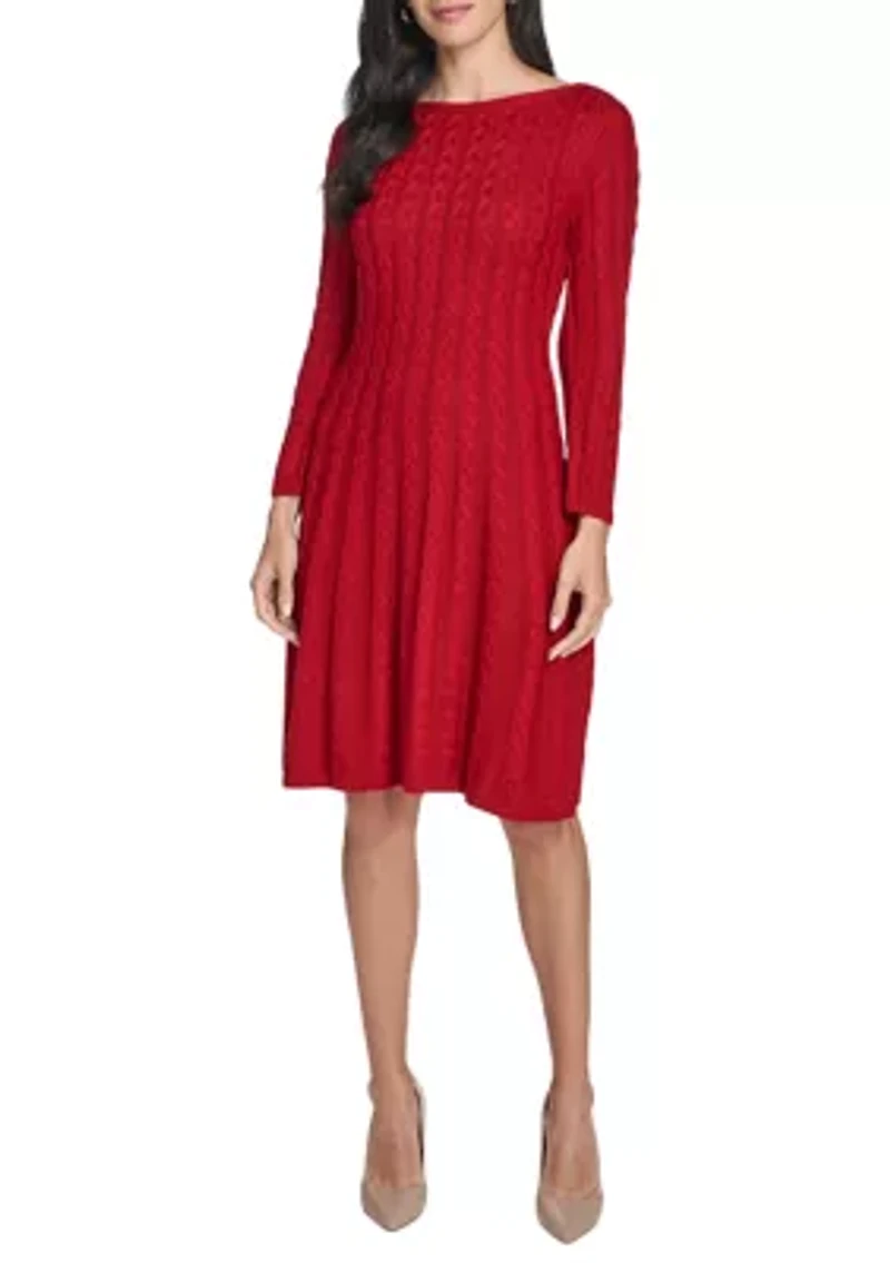 Women's Fitted Sleeve Cable Knit A-Line Sweater Dress